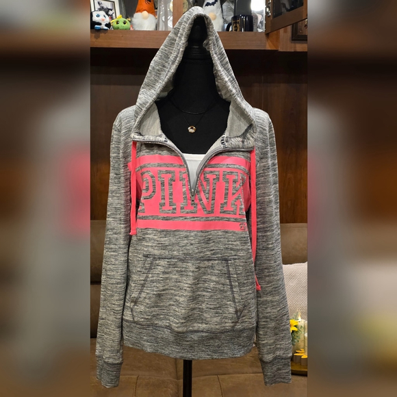 PINK Gray Quarter Zip Hoodie with Pink Logo - Picture 7 of 7